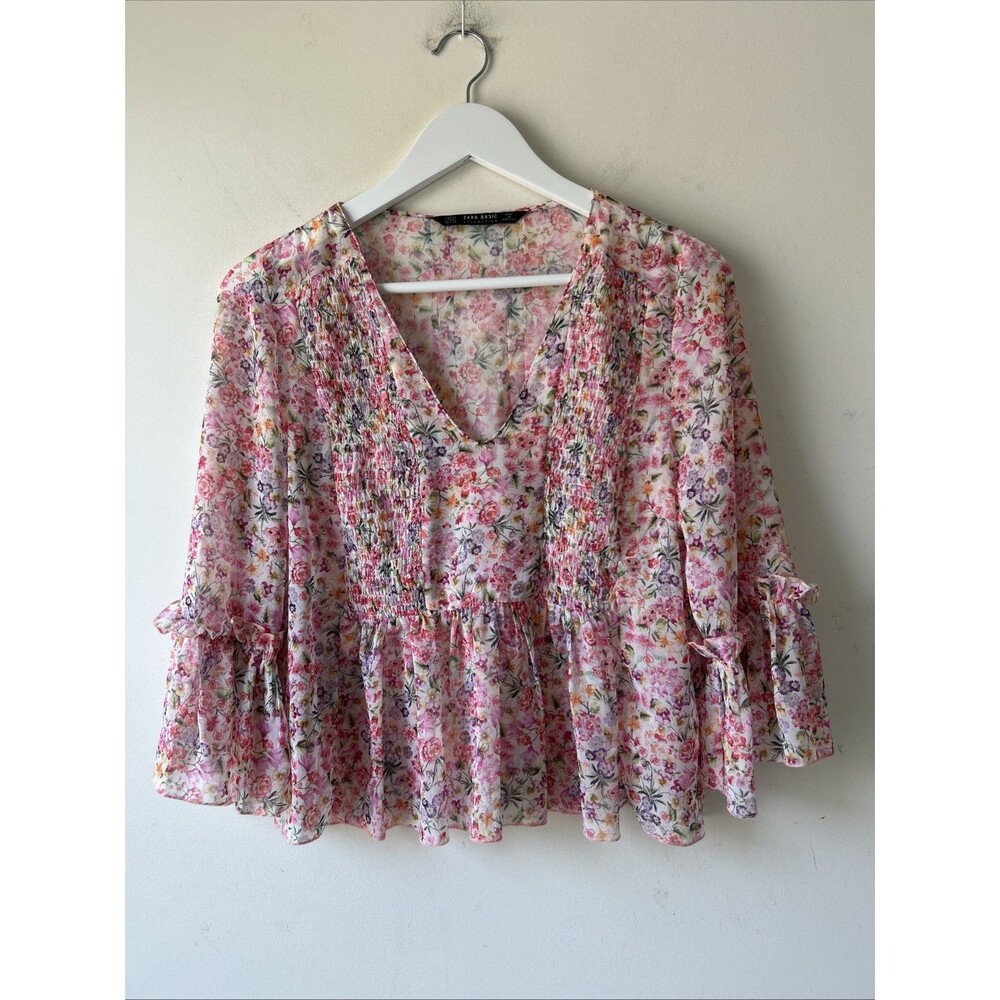 Women’s Zara Basic Collection Pink Multi Floral Print Blouse Top Size XS Spring